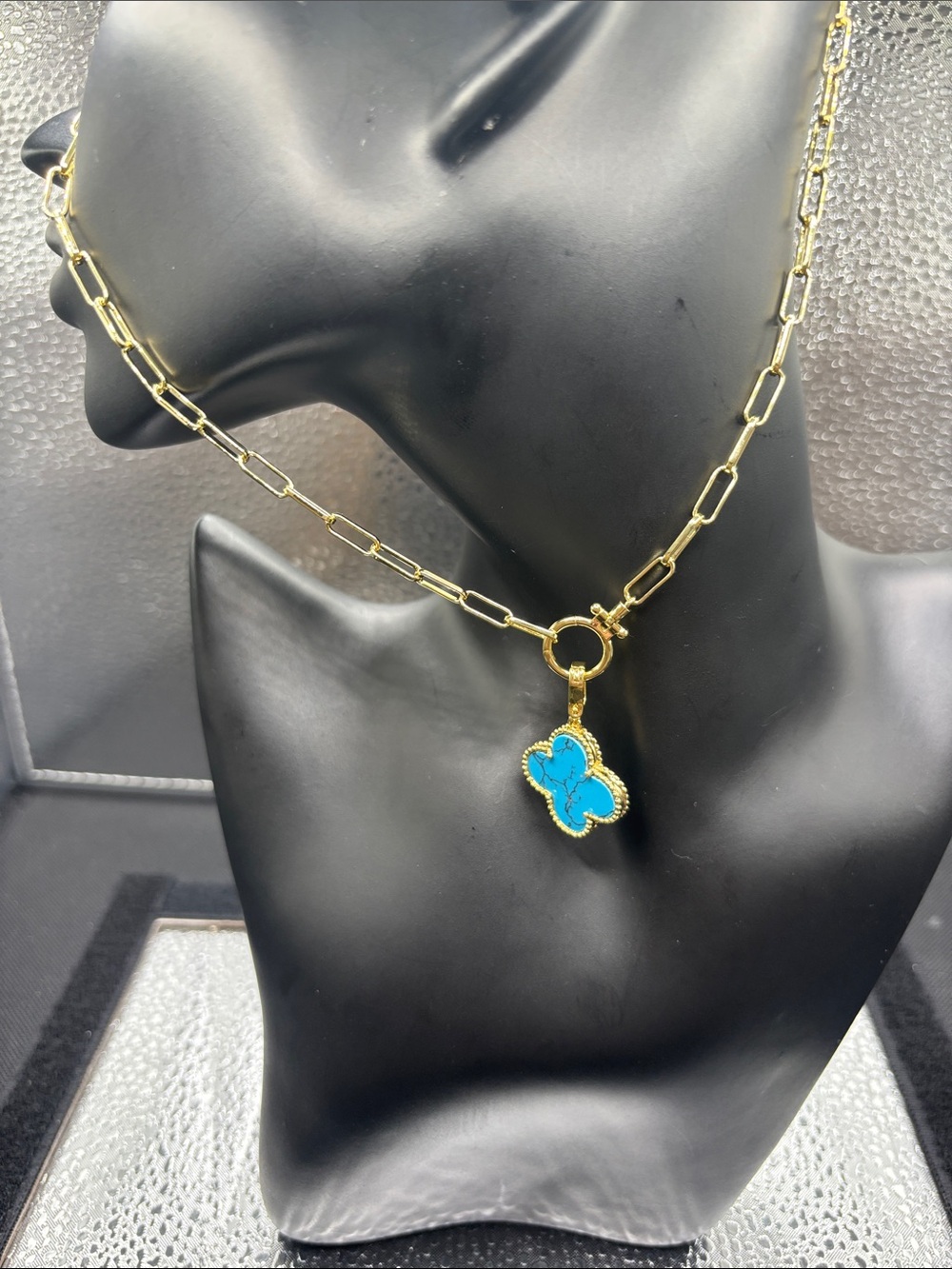 Gold Chain Necklace with Bright Turquoise Pendant